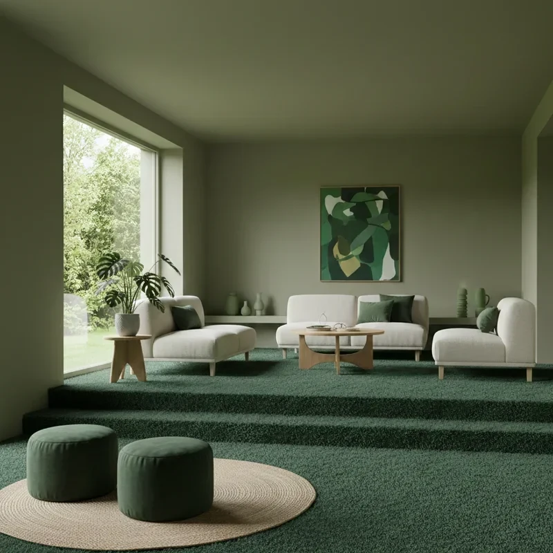 Deep forest green plush carpeting in a modern sunken living room.