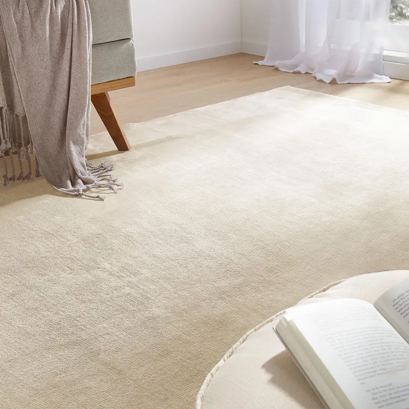 Elegant cream-colored plush carpet in a minimalist living room setting.