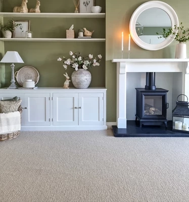 Grey wool stair runner with black border and rods
