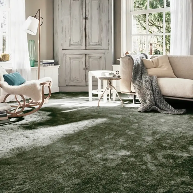 Lush moss green plush carpet in a bright, rustic-chic living room.