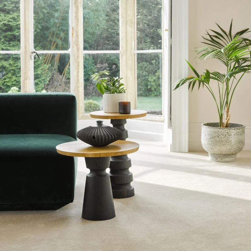Soft beige saxony carpet in a bright living room with a green velvet sofa.