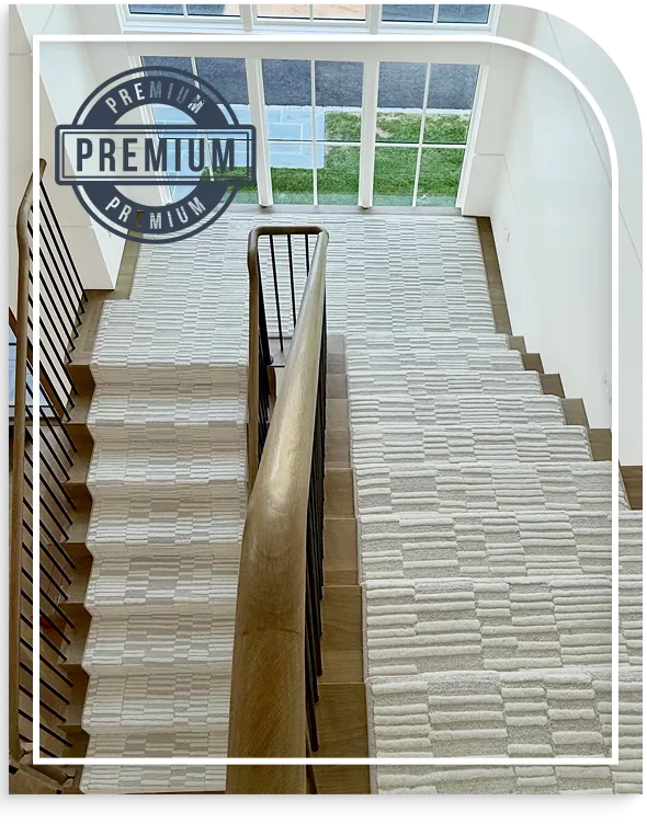modern staircase featuring a light beige textured wool carpet runner