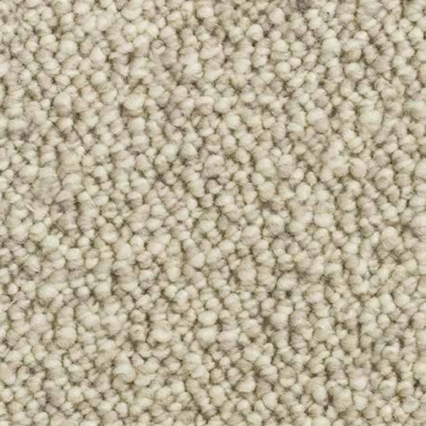 Light grey wool carpet with a chunky loop pile texture.