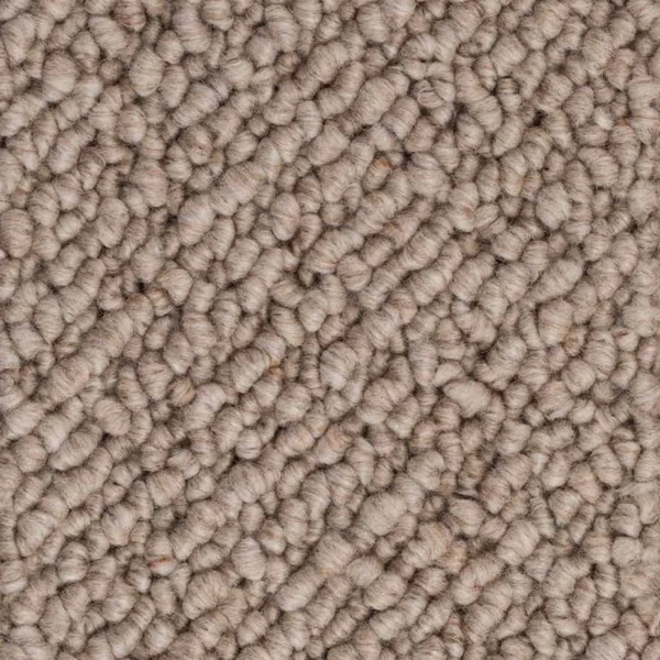 Taupe wool carpet with a chunky loop pile texture.